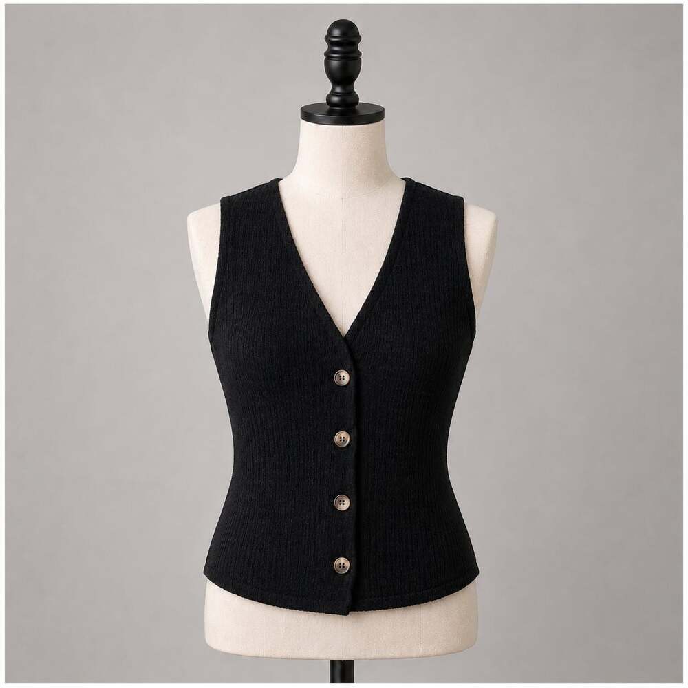 Zara Button Front  Vest Top Black Textured Ribbed Sleeveless Size Medium